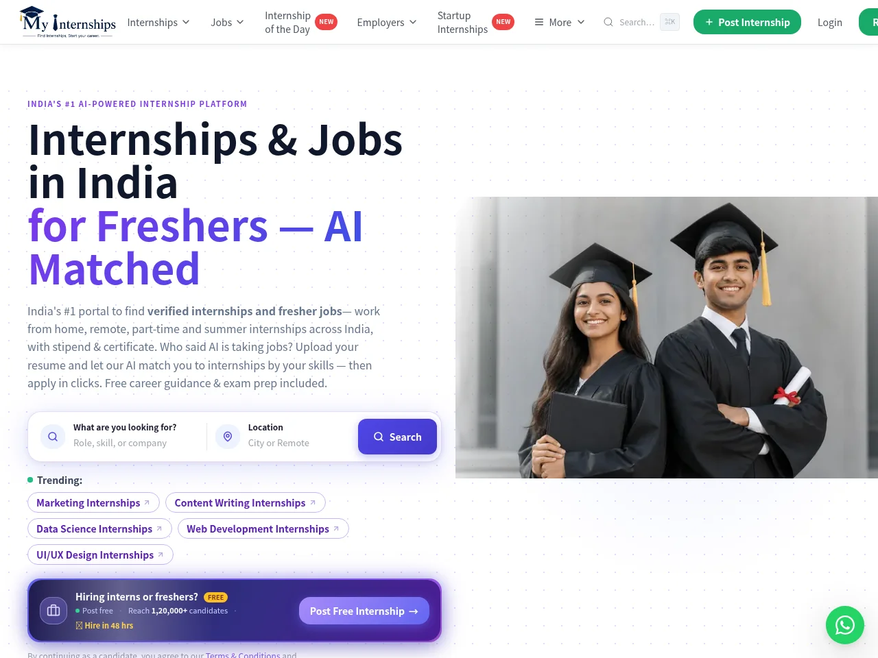 MyInternships.in job board platform screenshot showing job search interface