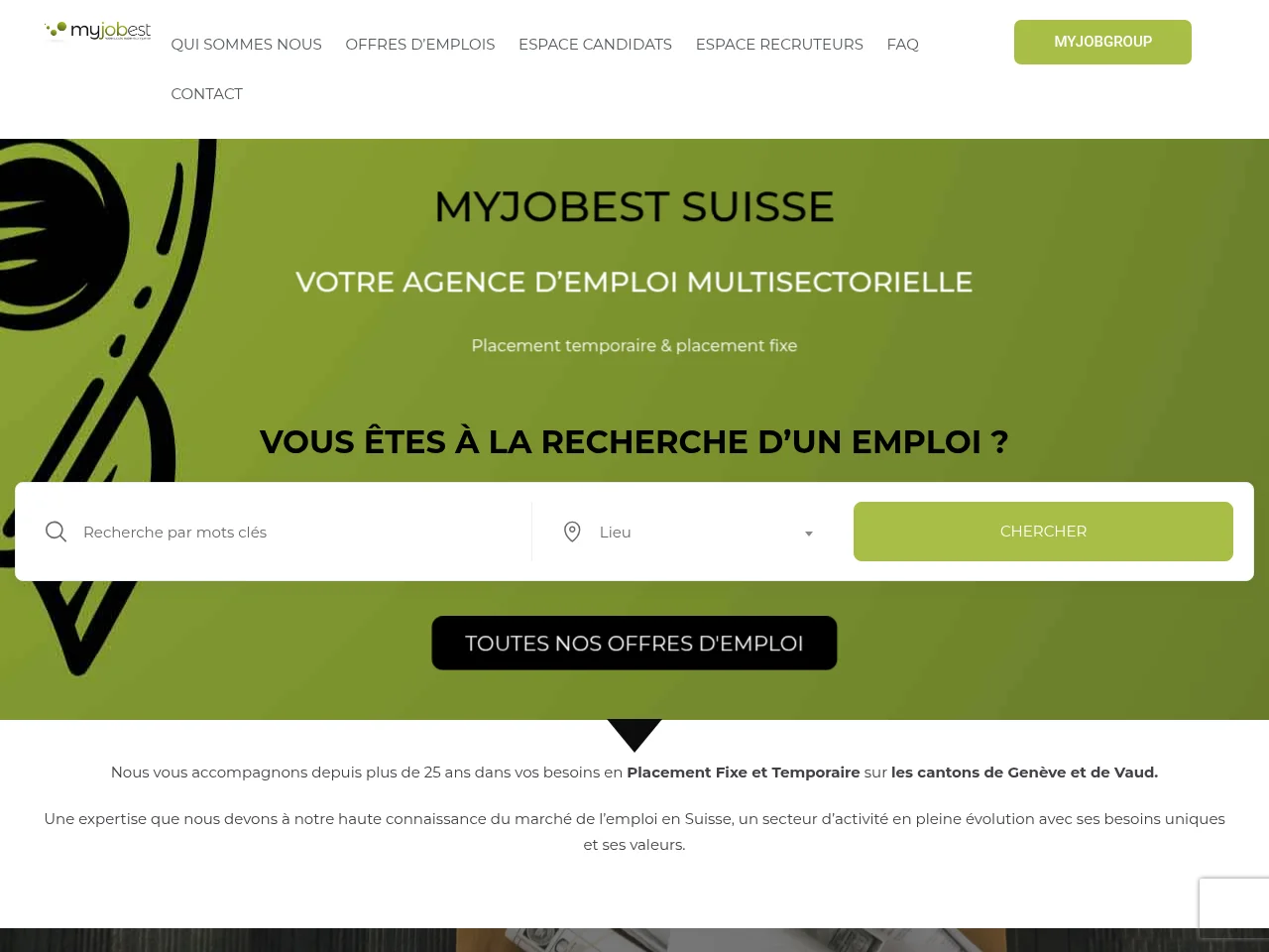 MyJobest Suisse job board platform screenshot showing job search interface
