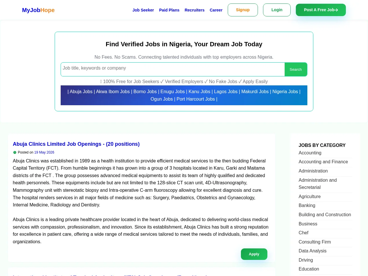 MyJobHope job board platform screenshot showing job search interface