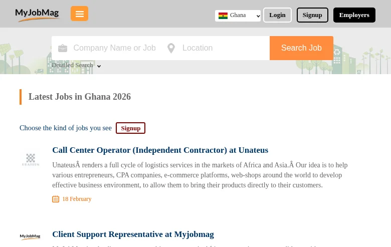 MyJobMag Ghana job board platform screenshot showing job search interface