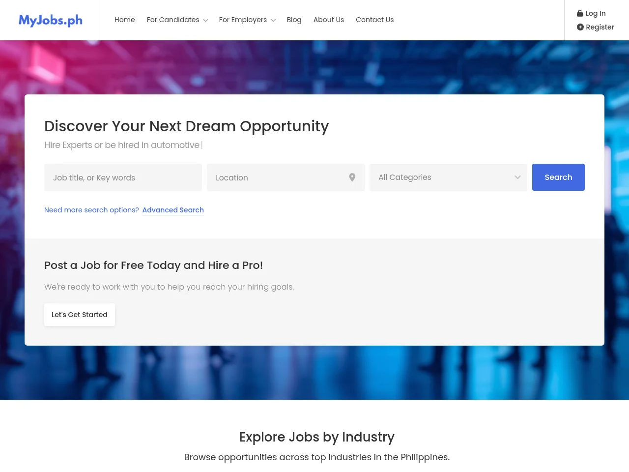 MyJOBS.PH job board platform screenshot showing job search interface