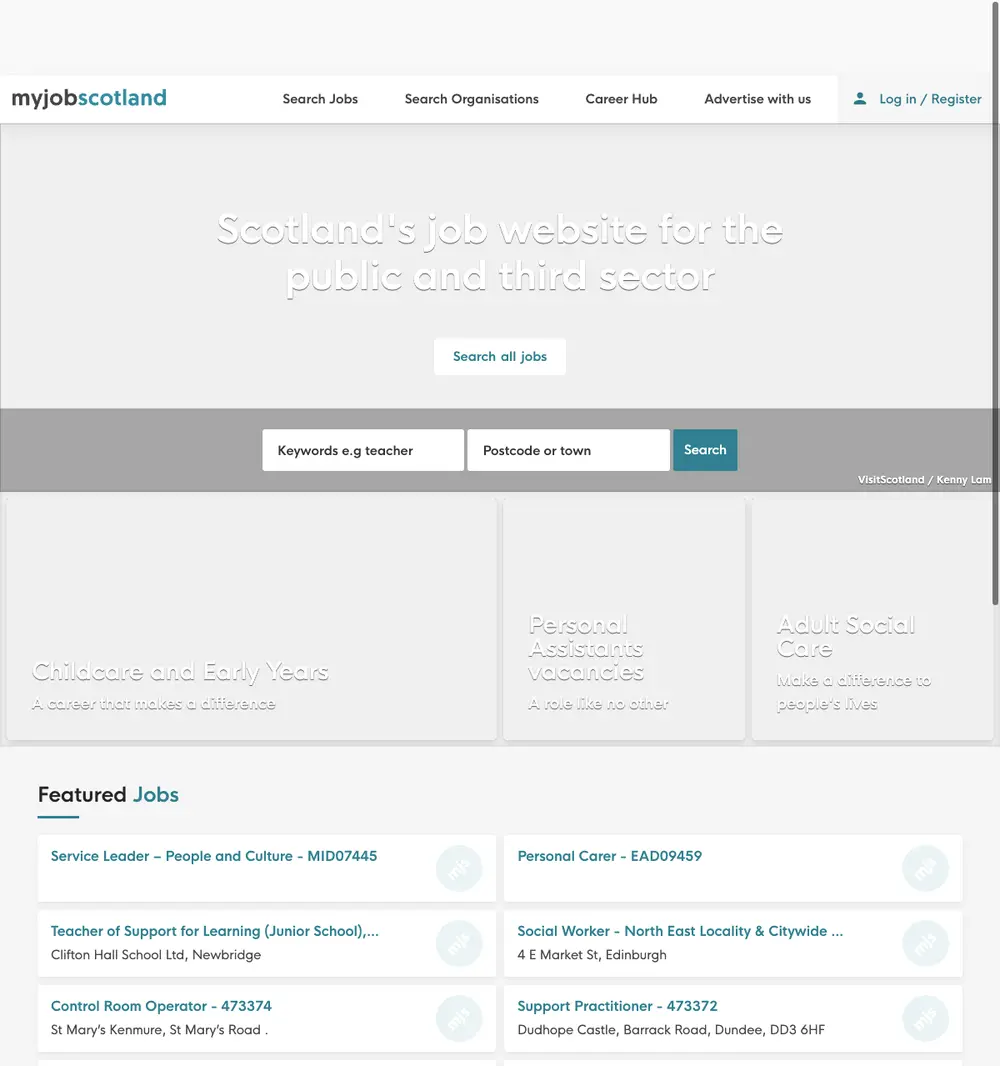 myjobscotland job board platform screenshot showing job search interface