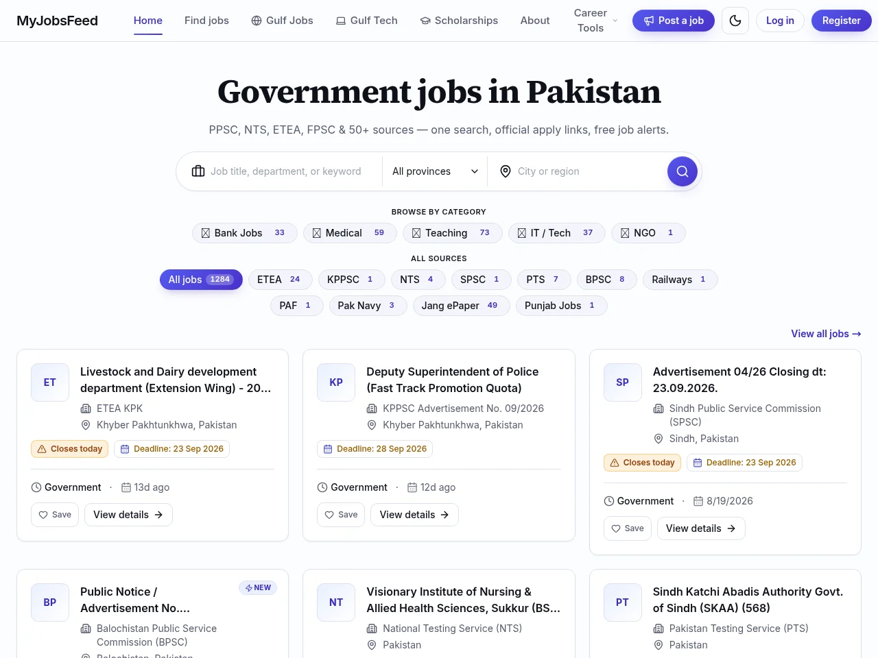 MyJobsFeed job board platform screenshot showing job search interface