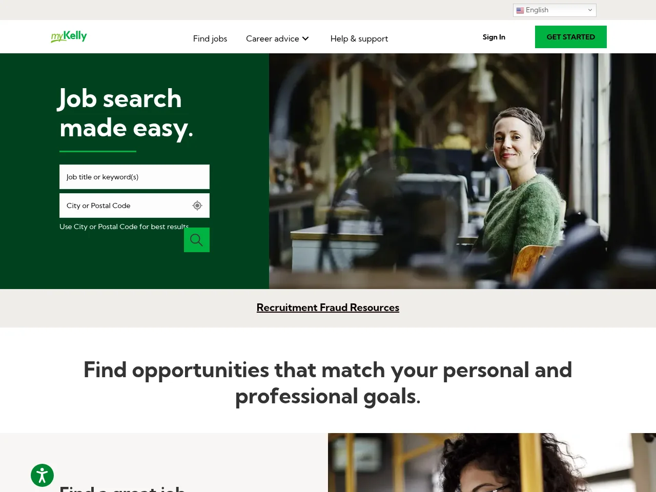 myKelly job board platform screenshot showing job search interface