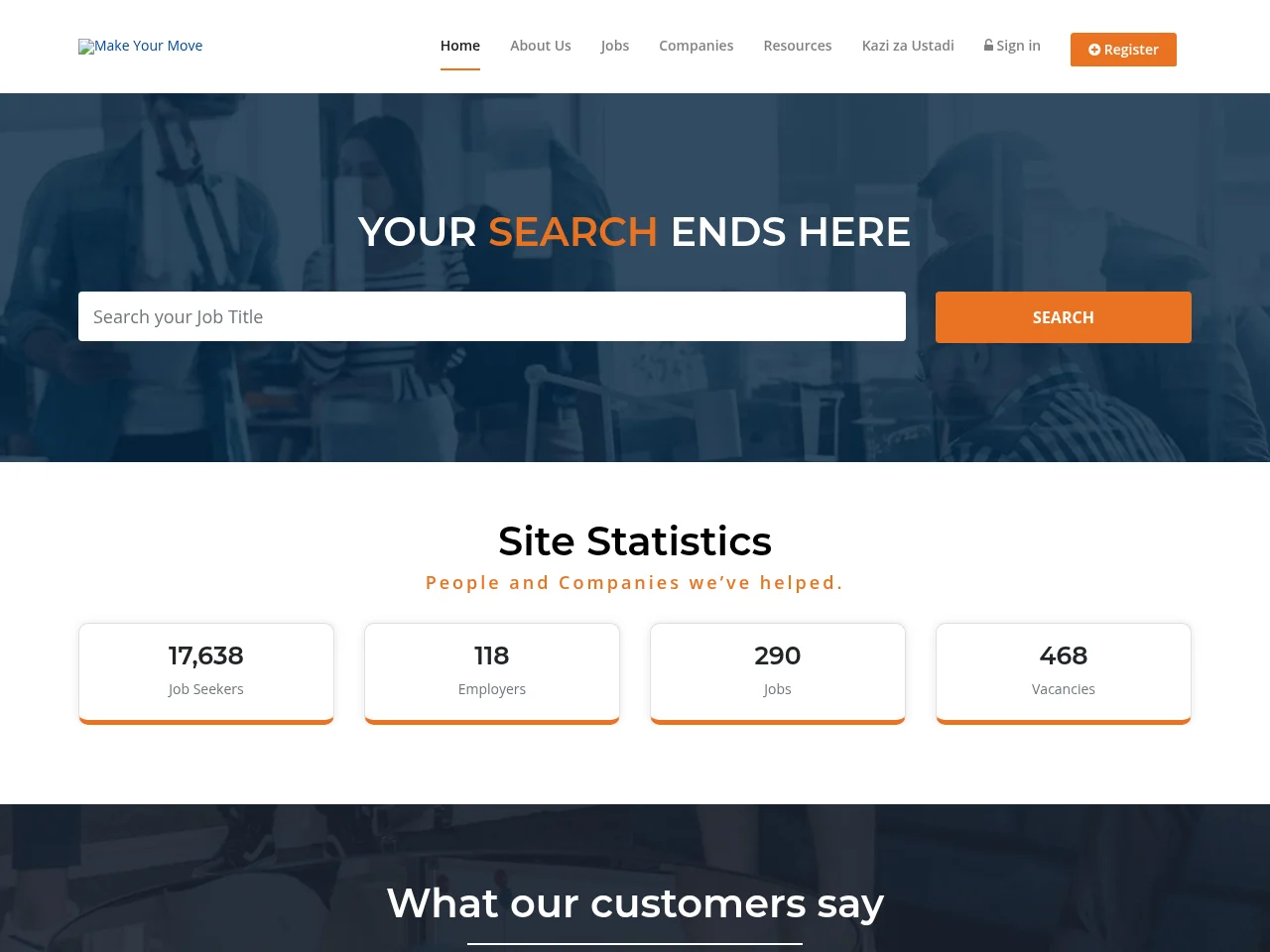 MakeYourMove job board platform screenshot showing job search interface