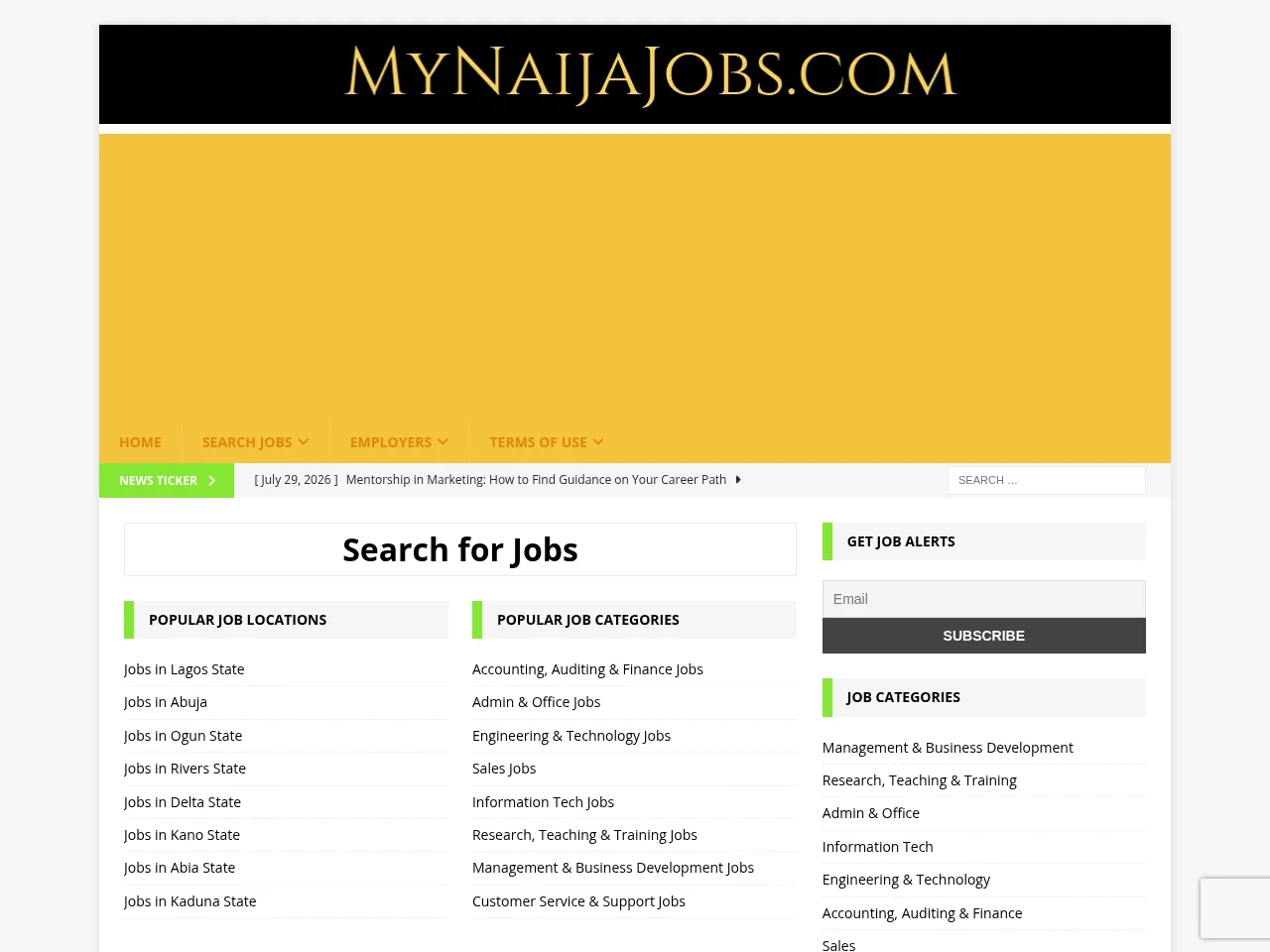 MyNaijaJobs job board platform screenshot showing job search interface