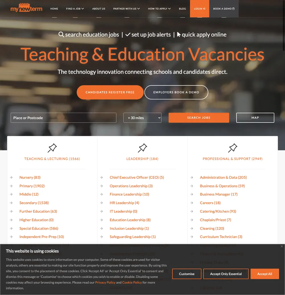 MyNewTerm job board platform screenshot showing job search interface