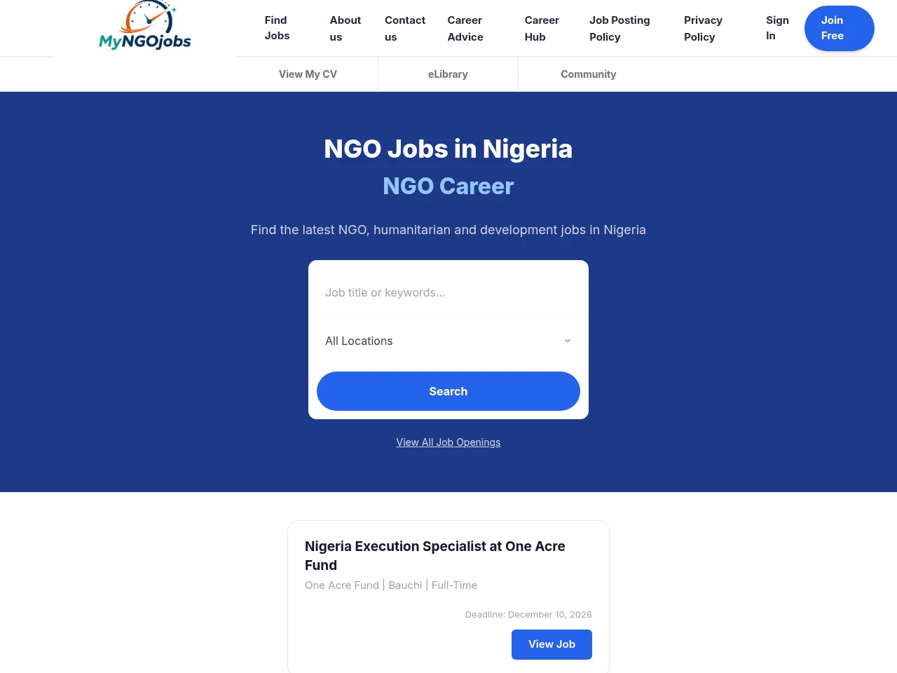 MyNGOJobs job board platform screenshot showing job search interface