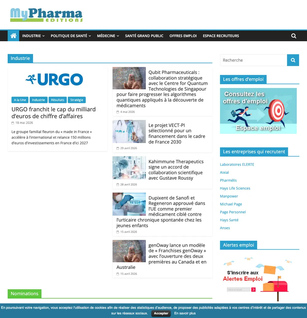 MyPharma Editions job board platform screenshot showing job search interface