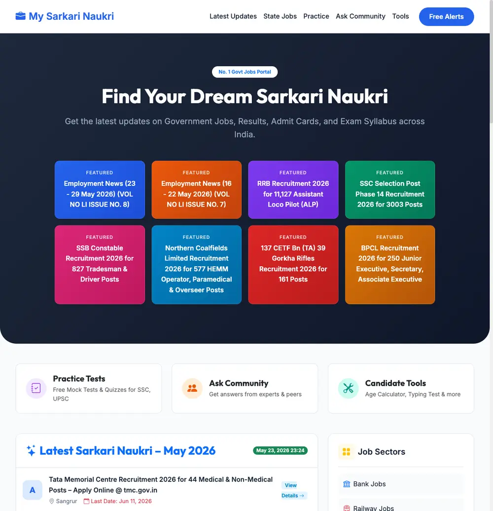 My Sarkari Naukri job board platform screenshot showing job search interface