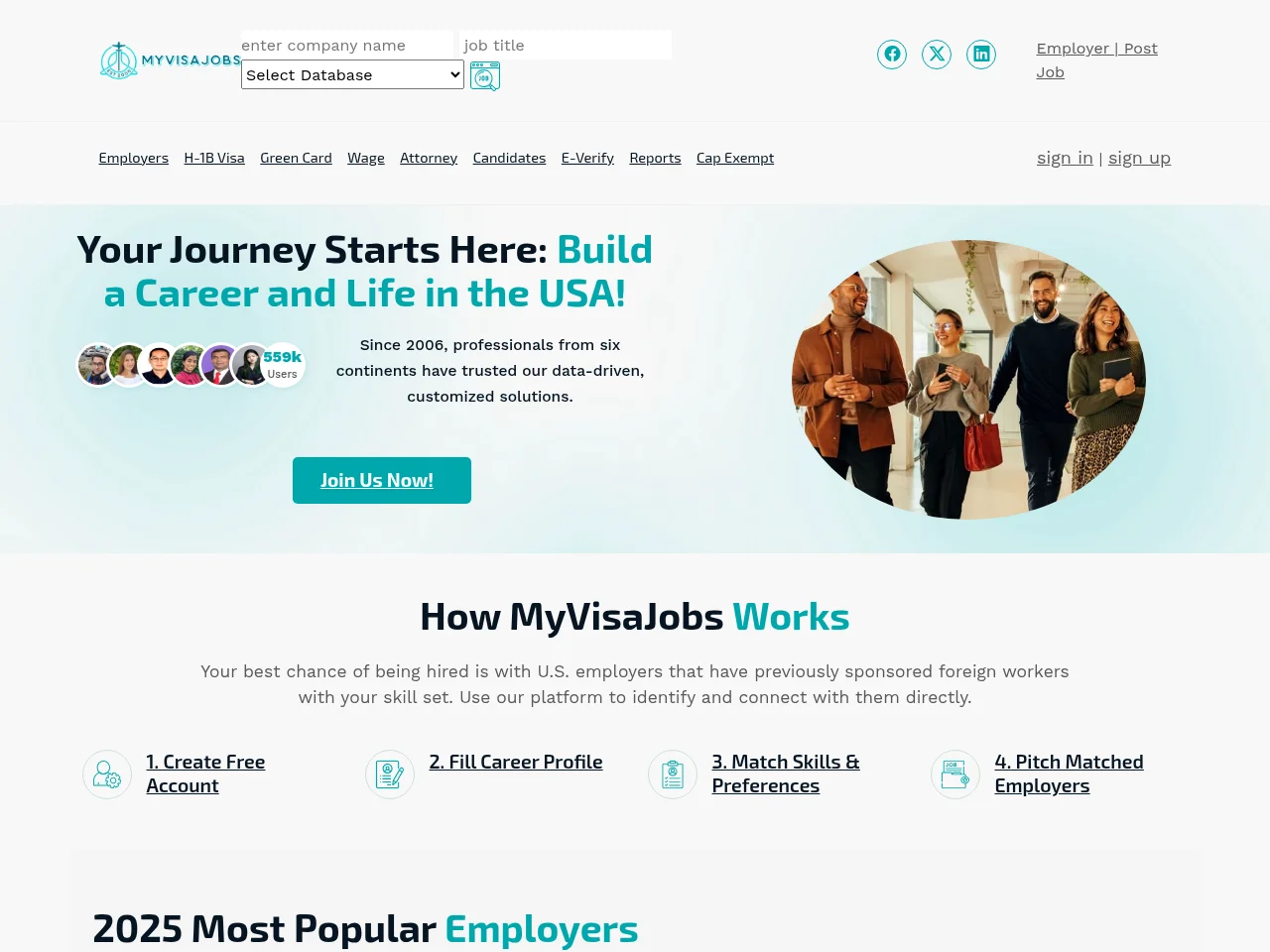 MyVisaJobs screenshot MyVisaJobs job board platform screenshot showing job search interface