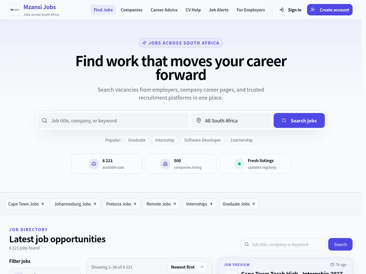 Mzansi Jobs job board platform screenshot showing job search interface