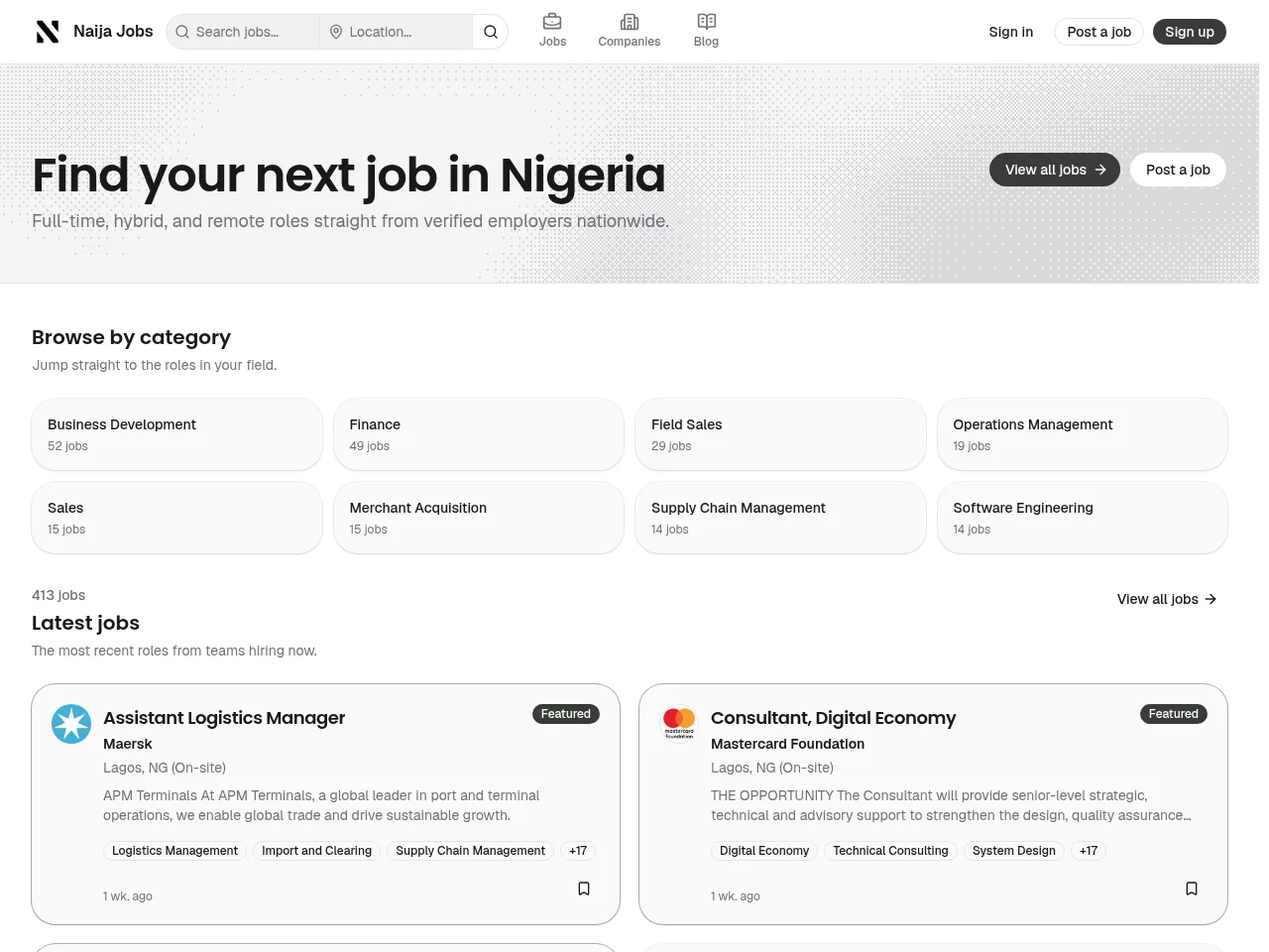Naija Jobs job board platform screenshot showing job search interface