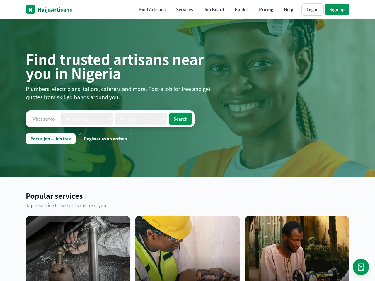 NaijaArtisans job board platform screenshot showing job search interface