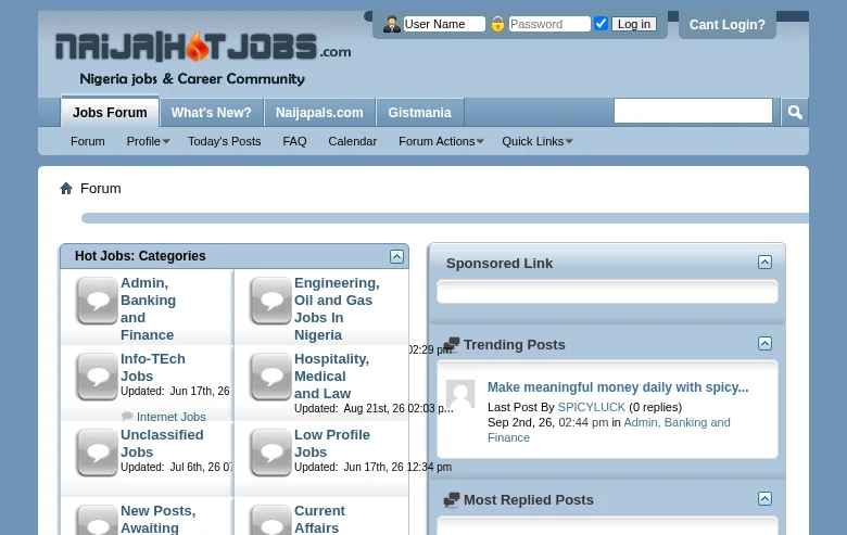 Naijahotjobs job board platform screenshot showing job search interface