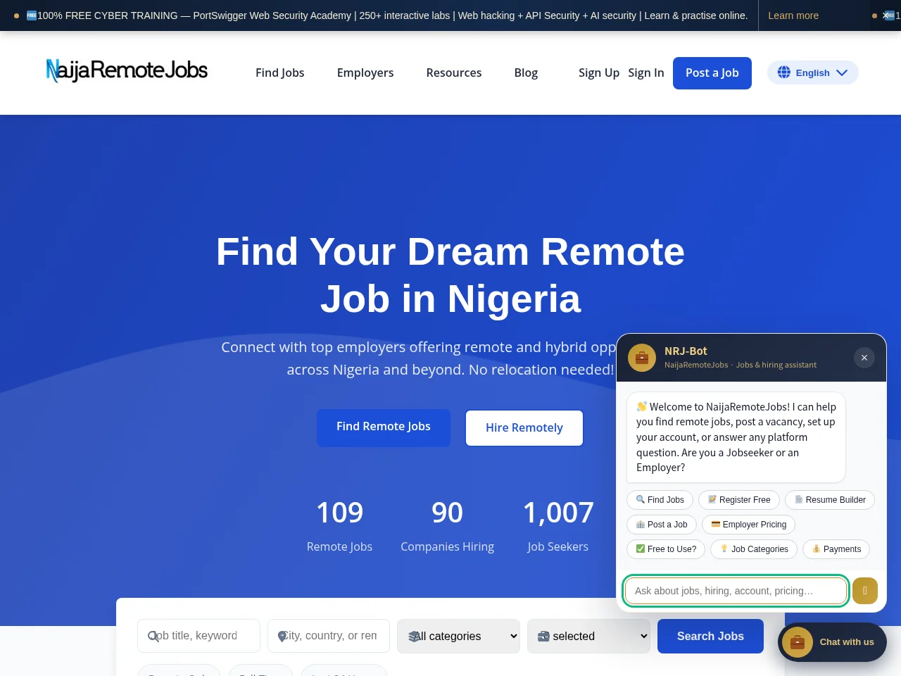NaijaRemoteJobs job board platform screenshot showing job search interface