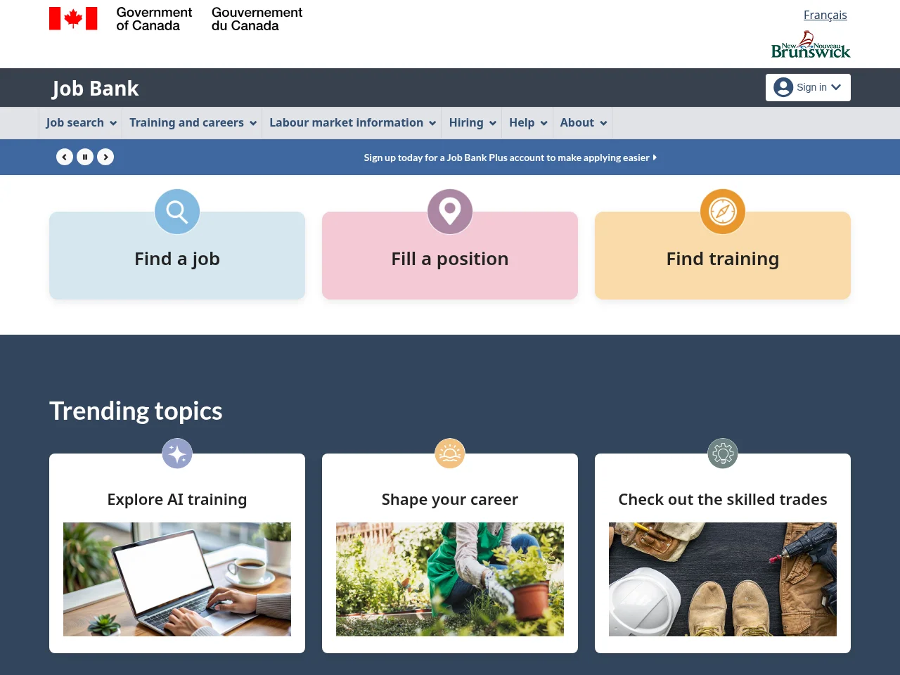 Job Bank job board platform screenshot showing job search interface