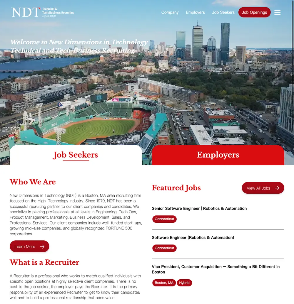 NDT Recruiting job board platform screenshot showing job search interface