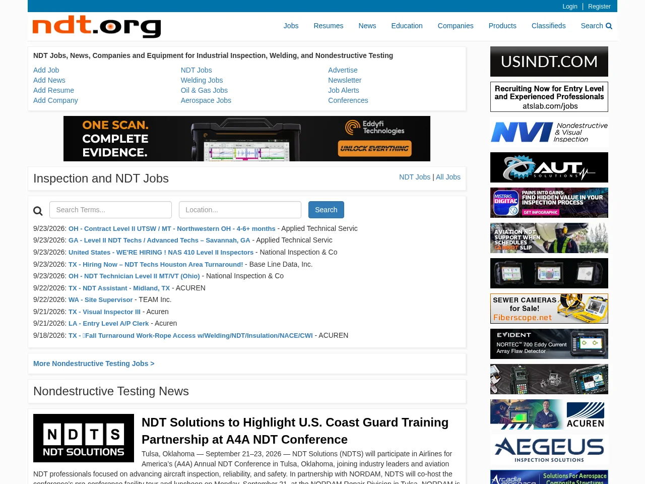 NDT.org job board platform screenshot showing job search interface