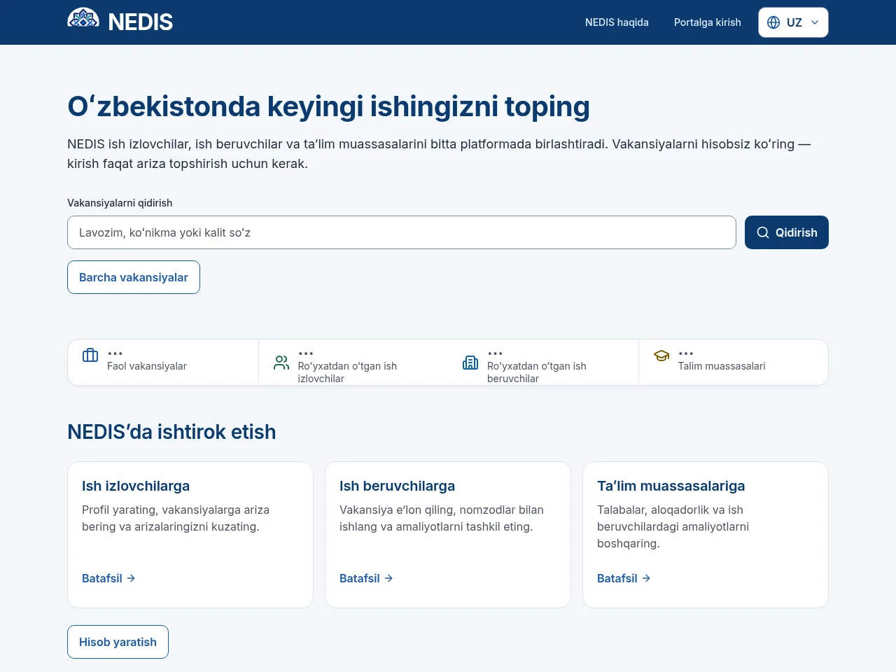 NEDIS job board platform screenshot showing job search interface