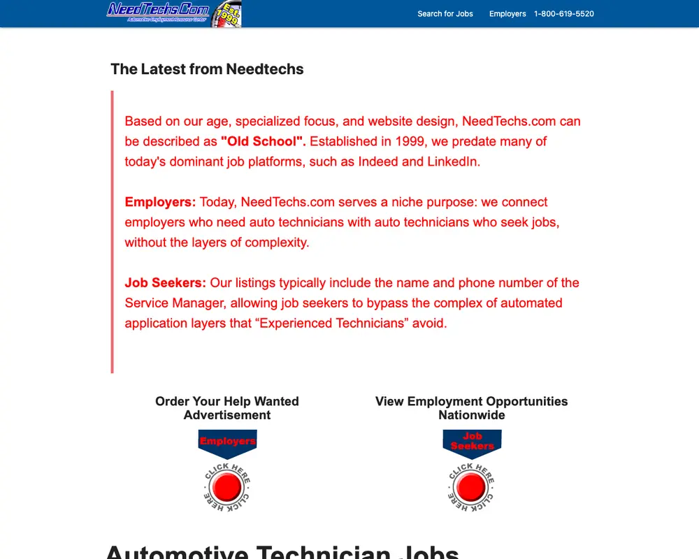 NeedTechs.com job board platform screenshot showing job search interface