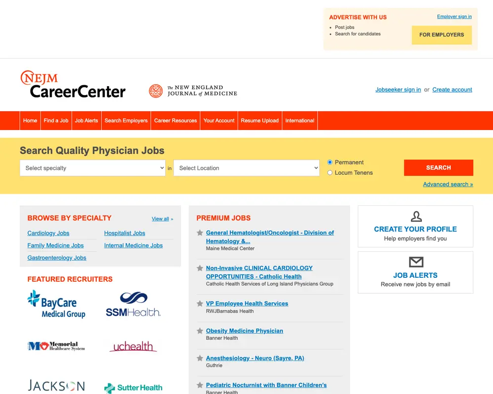 NEJM CareerCenter job board platform screenshot showing job search interface