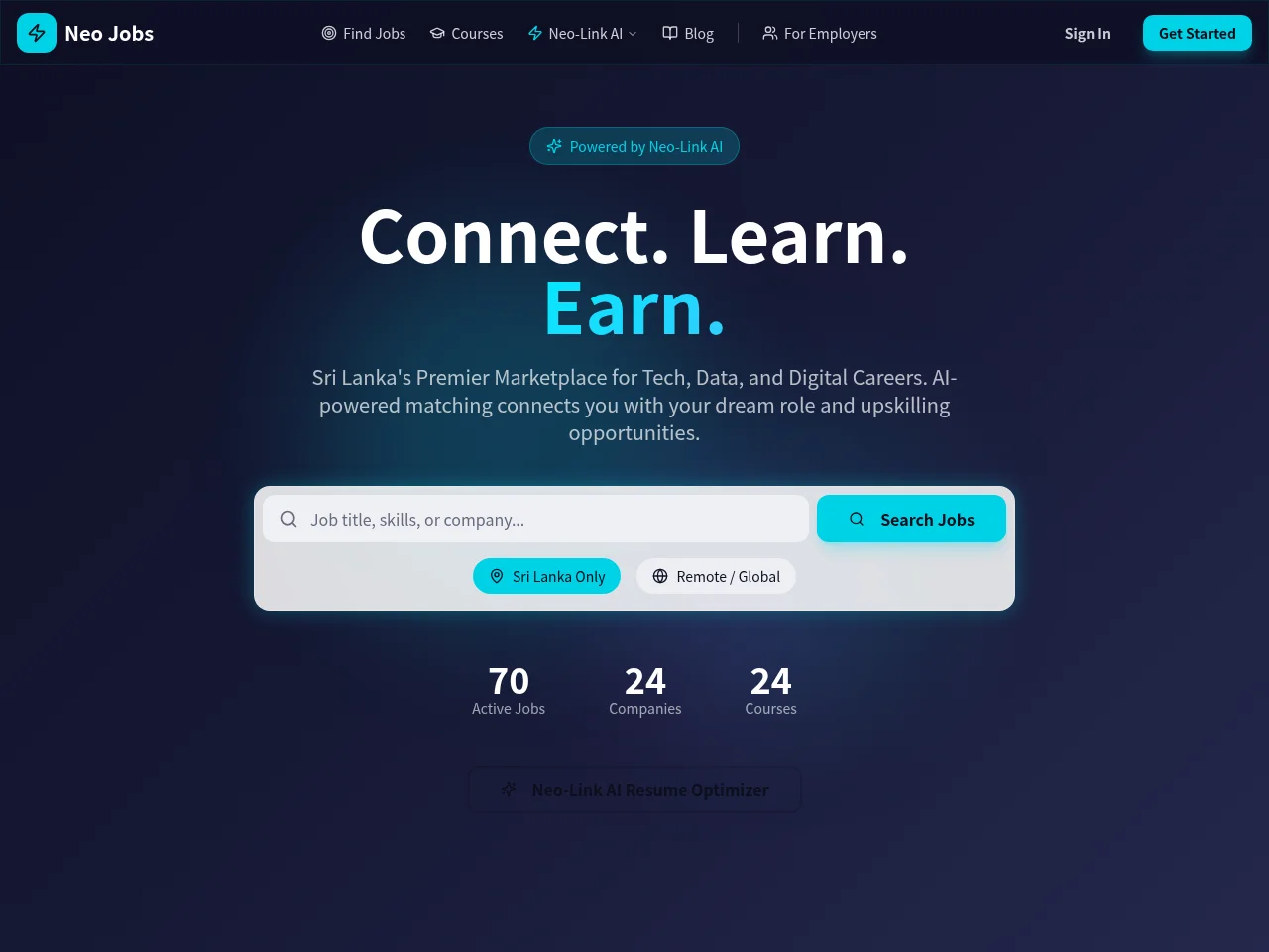 Neo Jobs job board platform screenshot showing job search interface