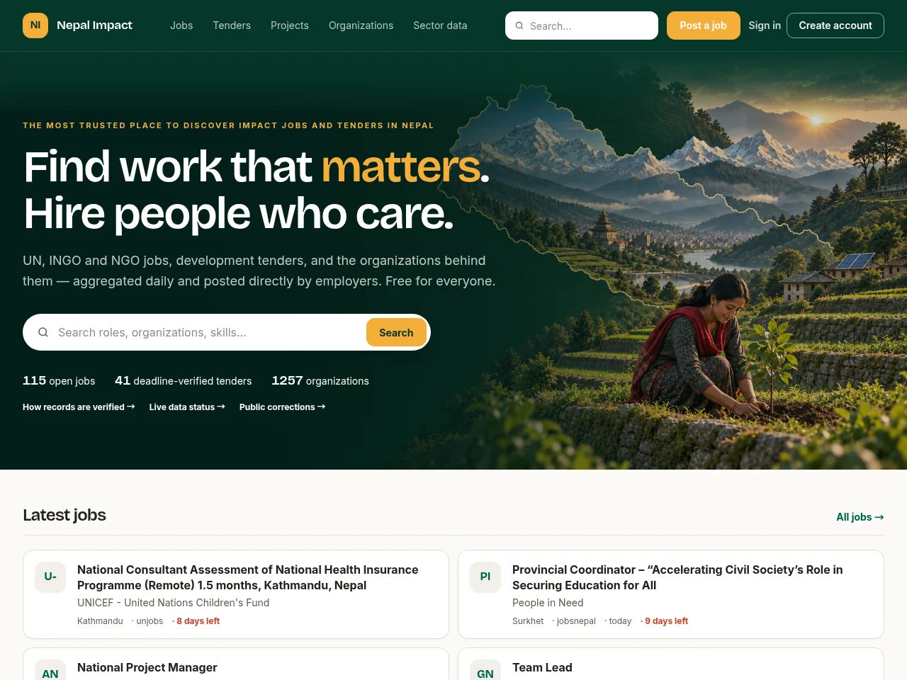 Nepal Impact job board platform screenshot showing job search interface