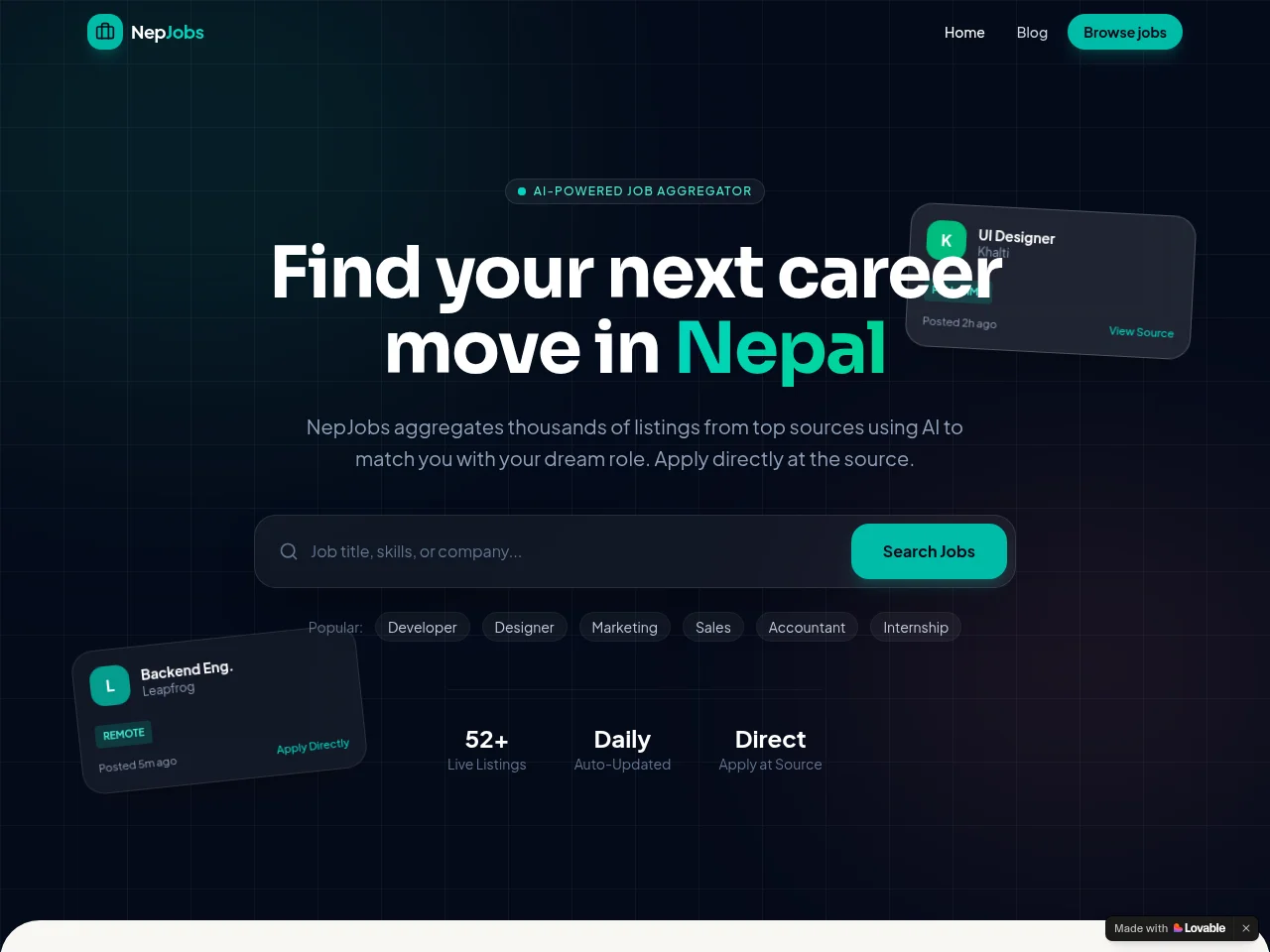 NepJobs job board platform screenshot showing job search interface