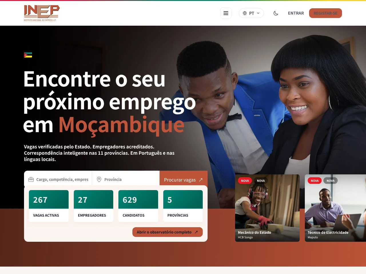INEP · Portal Nacional de Emprego de Moçambique job board platform screenshot showing job search interface