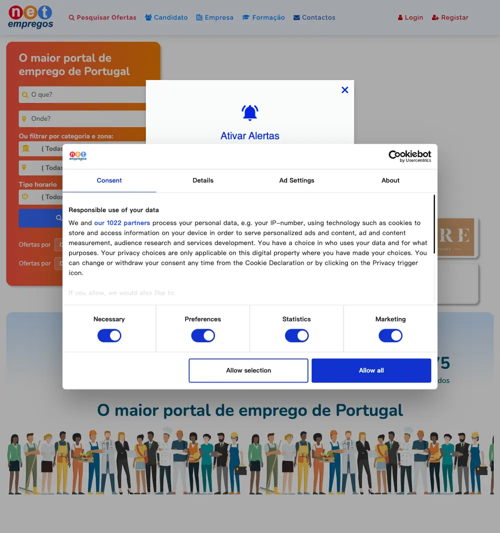 Net-Empregos job board platform screenshot showing job search interface