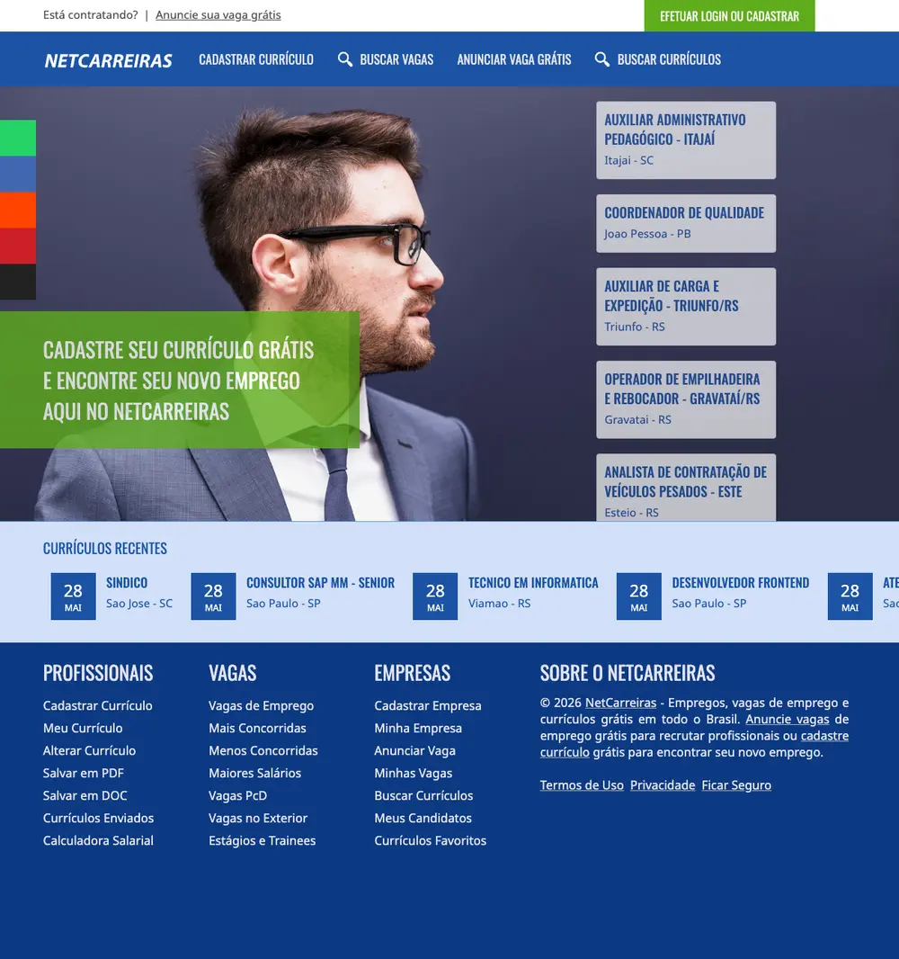 NetCarreiras job board platform screenshot showing job search interface