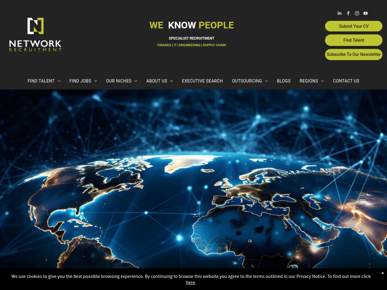 Network Recruitment International job board platform screenshot showing job search interface