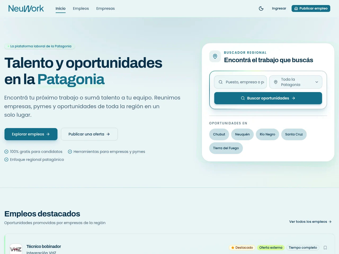NeuWork job board platform screenshot showing job search interface
