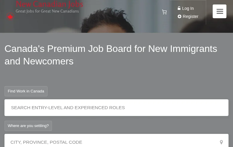 New Canadian Jobs job board platform screenshot showing job search interface