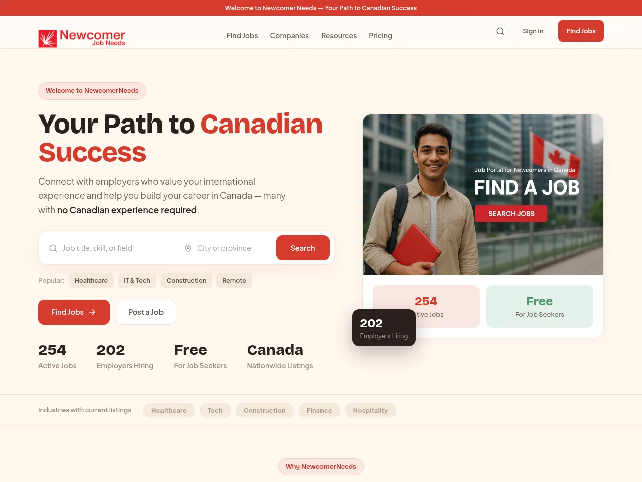 Newcomer Needs job board platform screenshot showing job search interface