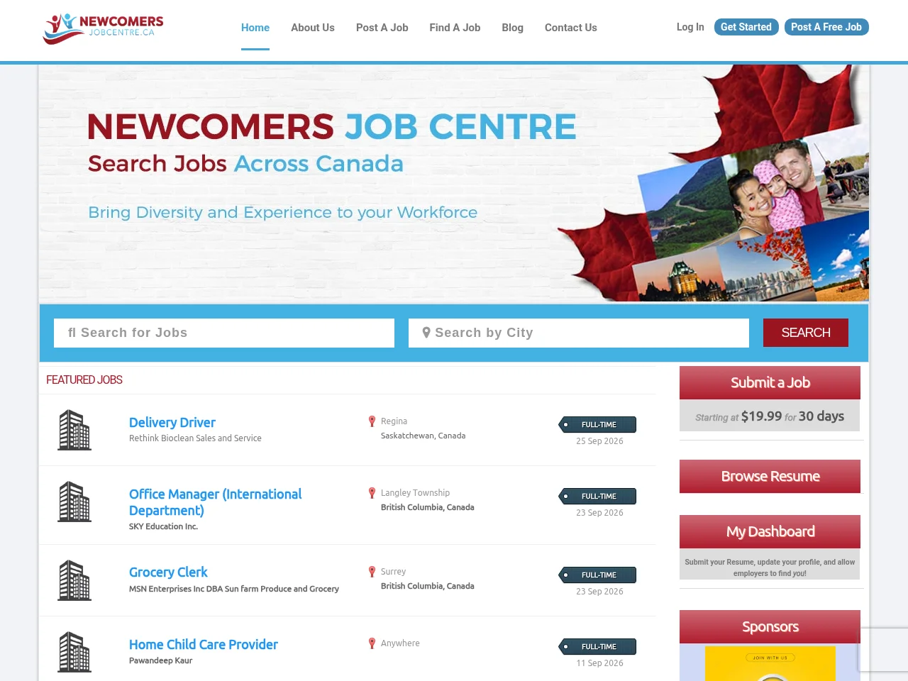 Newcomers Job Centre job board platform screenshot showing job search interface