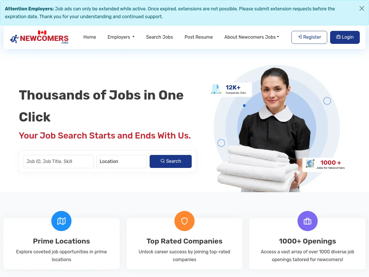 Newcomers Jobs screenshot Newcomers Jobs job board platform screenshot showing job search interface