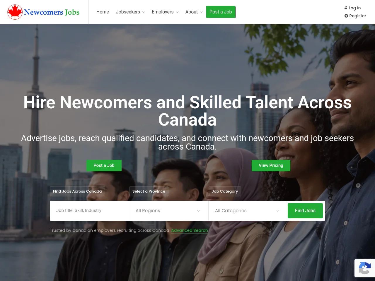 Newcomers Jobs in Canada job board platform screenshot showing job search interface