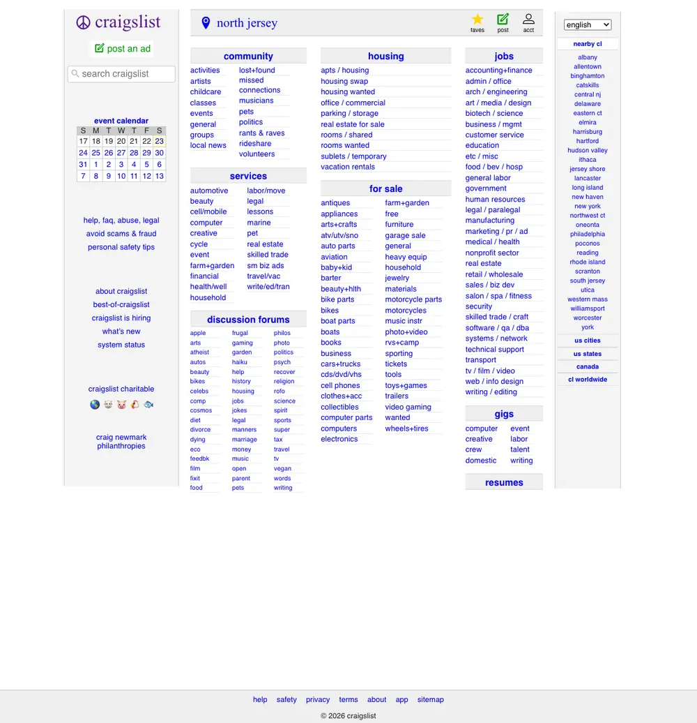 Craigslist job board platform screenshot showing job search interface