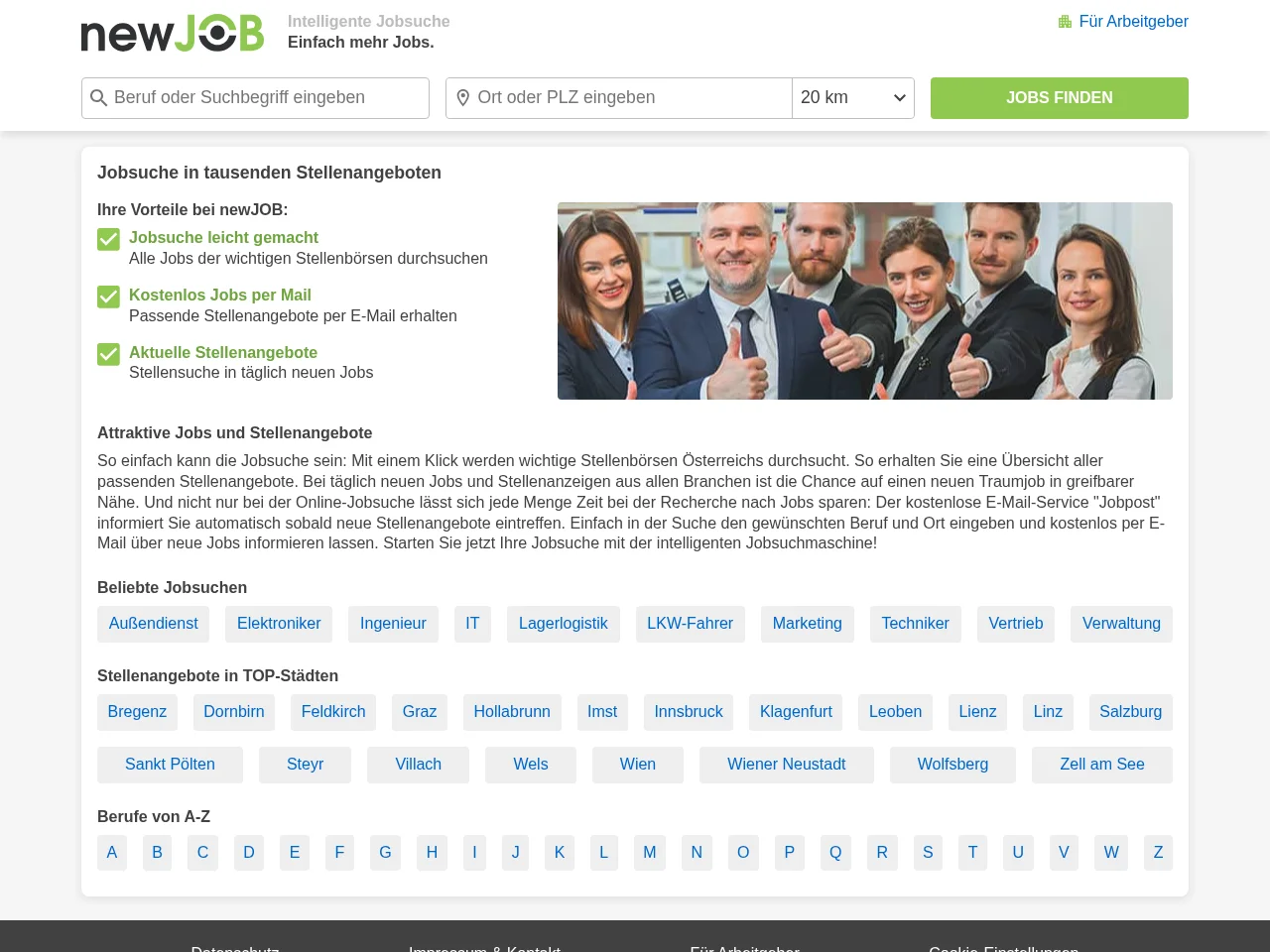 newJOB.at job board platform screenshot showing job search interface