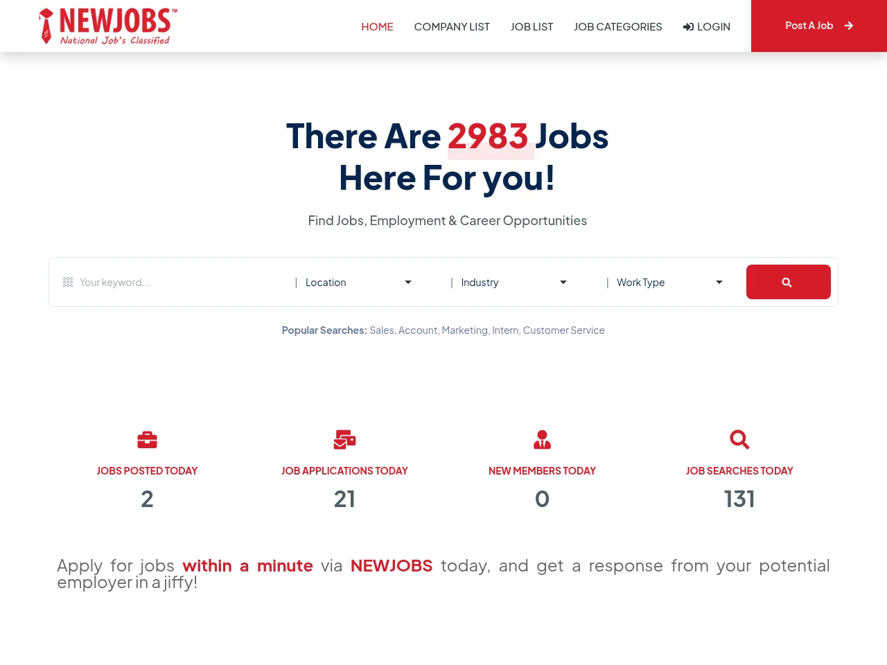 NEWJOBS job board platform screenshot showing job search interface