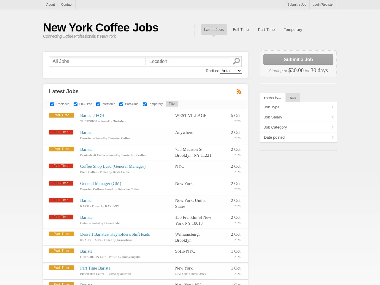 New York Coffee Jobs job board platform screenshot showing job search interface