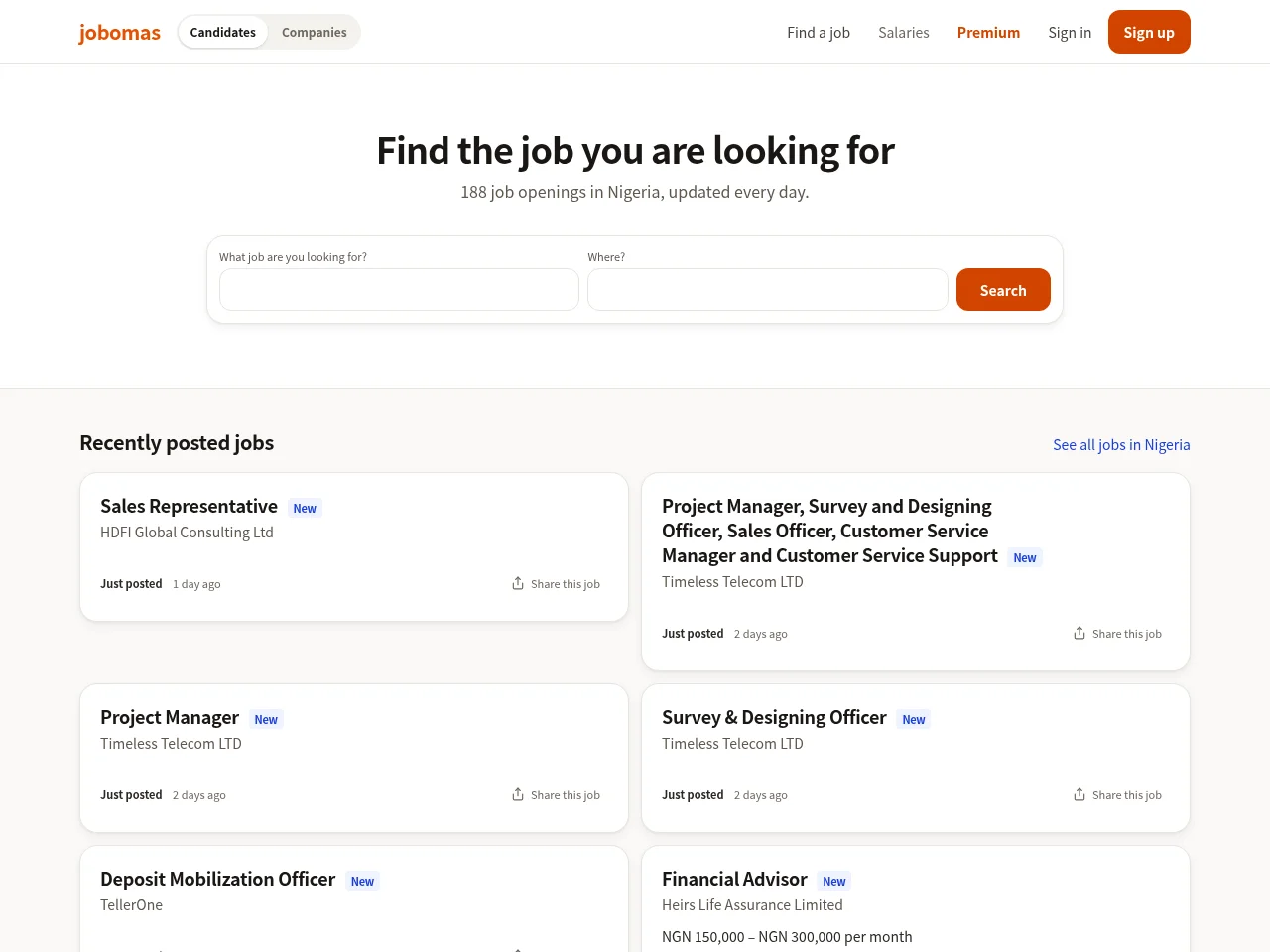 Jobomas job board platform screenshot showing job search interface