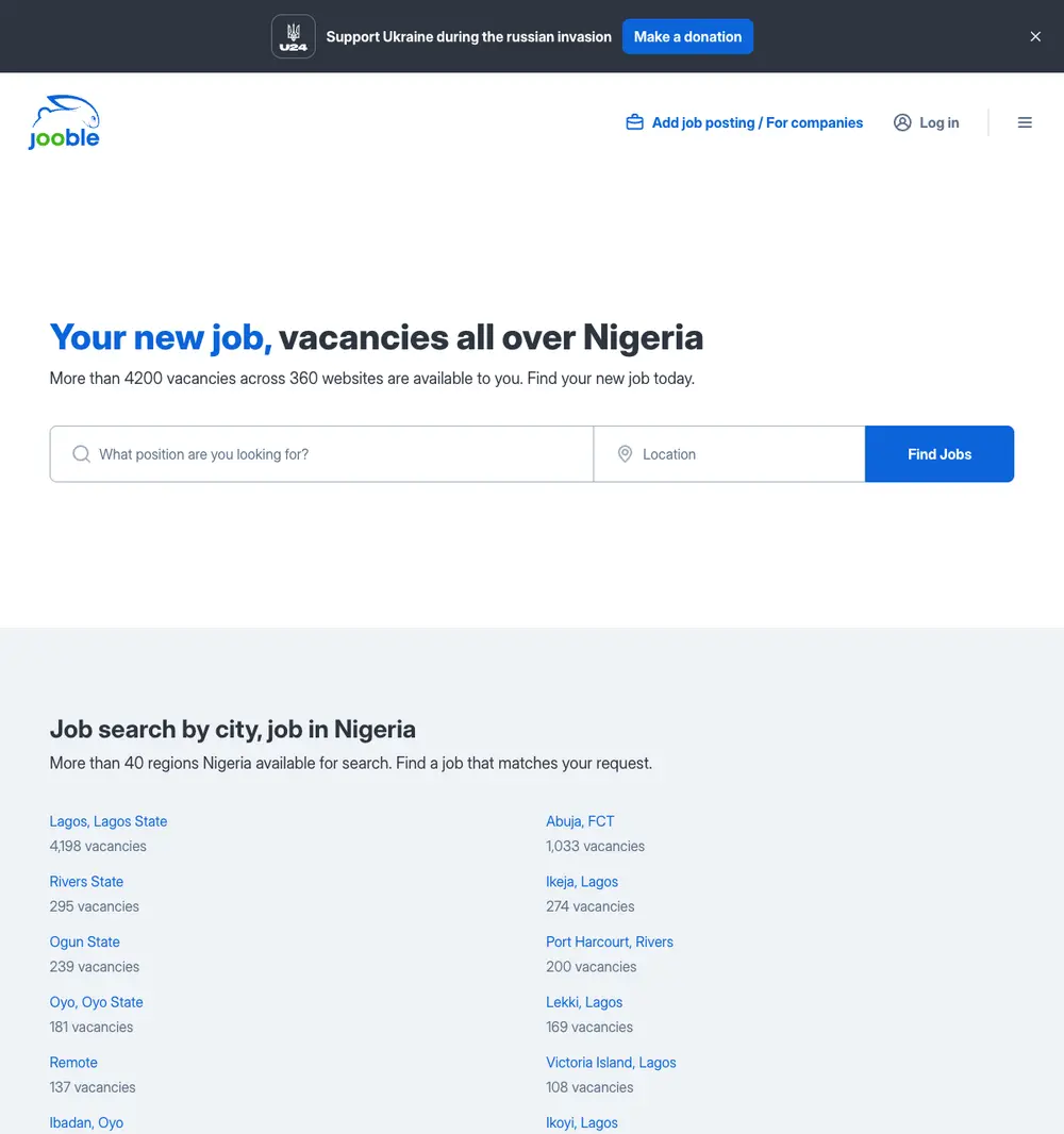 Jooble job board platform screenshot showing job search interface