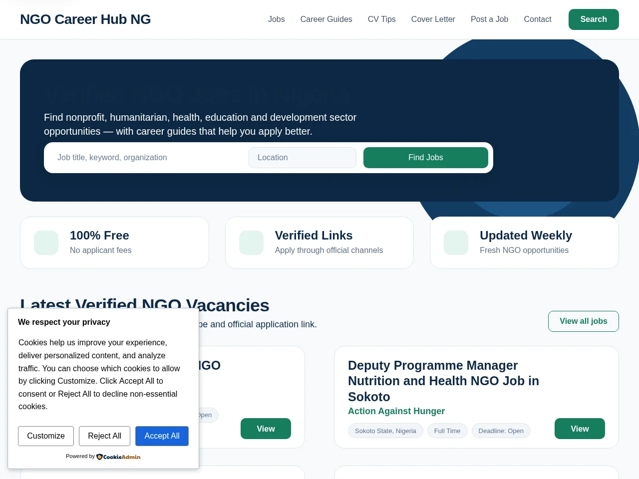 NGO Career Hub NG screenshot NGO Career Hub NG job board platform screenshot showing job search interface