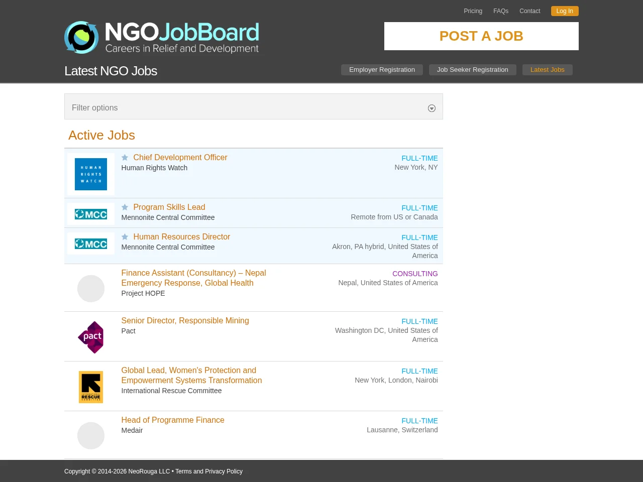NGO Job Board job board platform screenshot showing job search interface