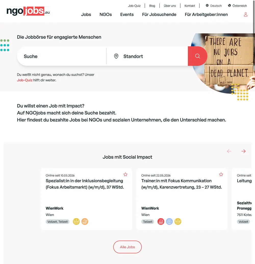 NGOjobs.eu job board platform screenshot showing job search interface