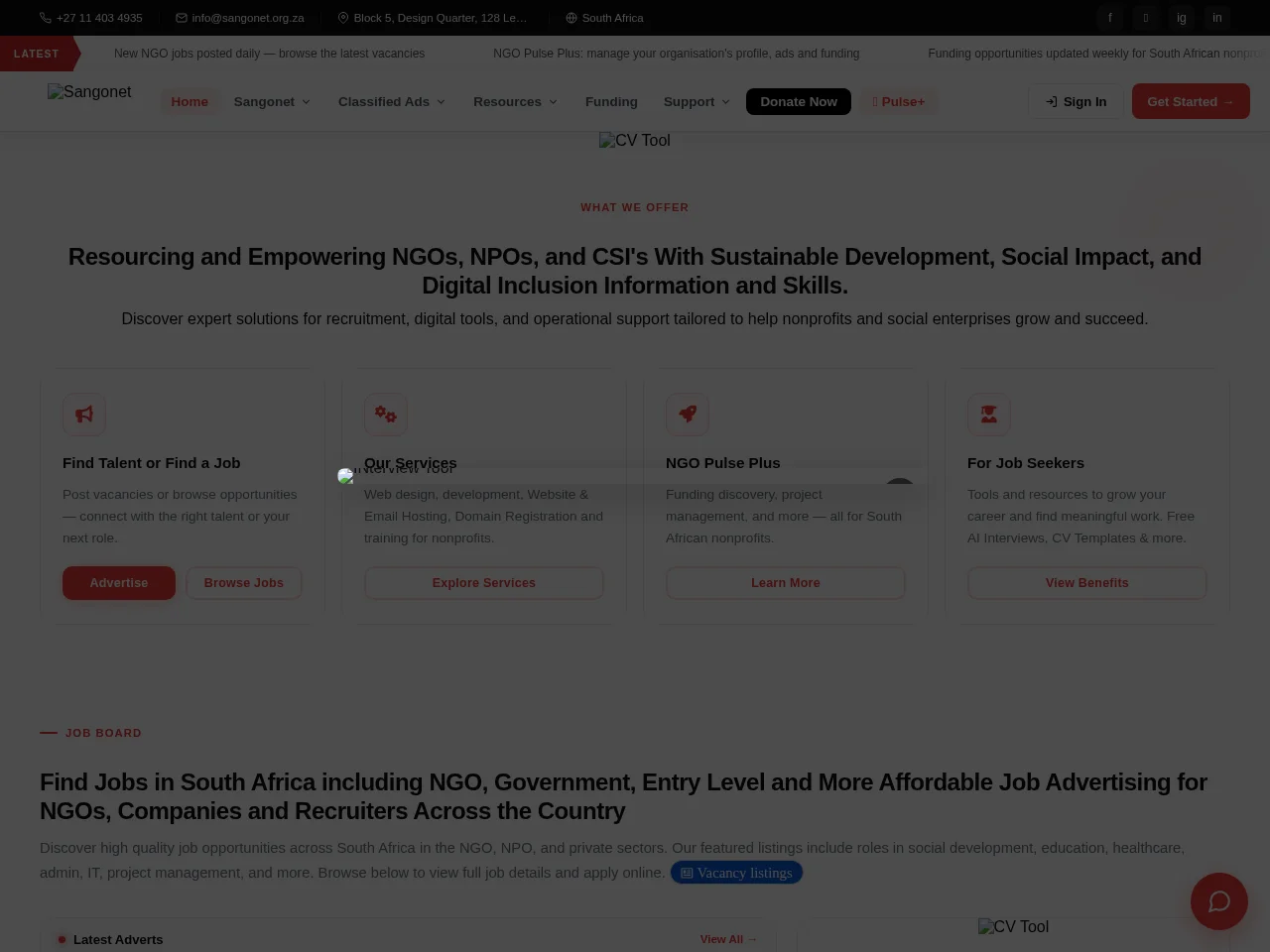 NGO Pulse job board platform screenshot showing job search interface