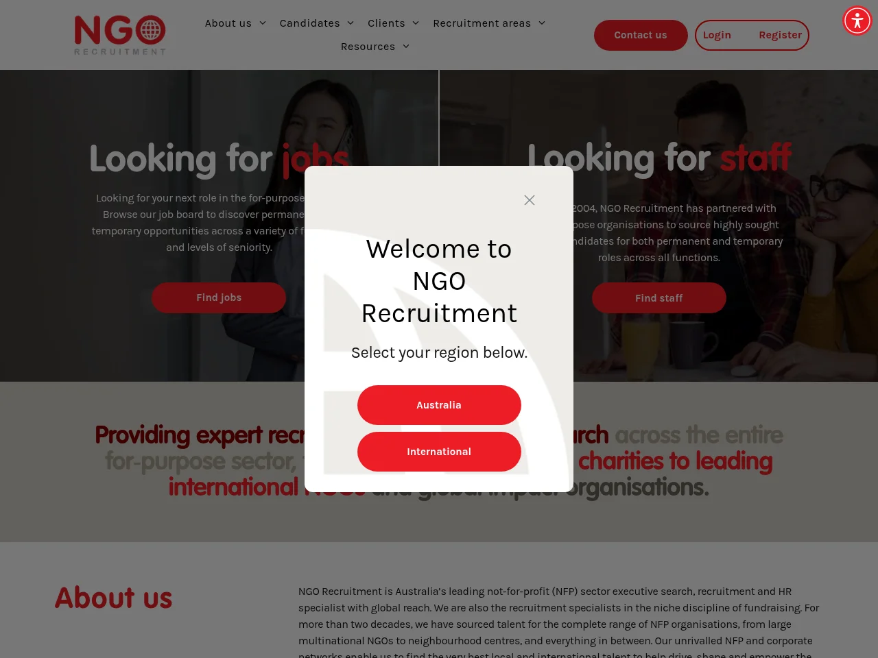 NGO Recruitment job board platform screenshot showing job search interface